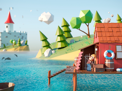 Fisherman and lost boat 3d 3d art 3dsmax art artist artwork castle corona render creative digital art digital illustration low poly routine sea