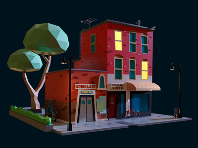 Night in the Neighborhood 3d 3d art 3dsmax art artist artwork corona render creative digital art digital illustration lighting low poly night