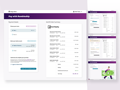 Pay with Rumbleship checkbox checkout error message financial form illustration pay payment summary table ui