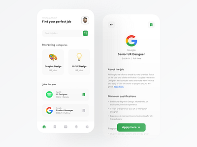 Job Finder App UI app app design application design designer dribbblers dribbbleshot dribble shot jobfinder minimal popular design trend ui uidesign uidesigner uitrends uiux userexperience userinterface ux