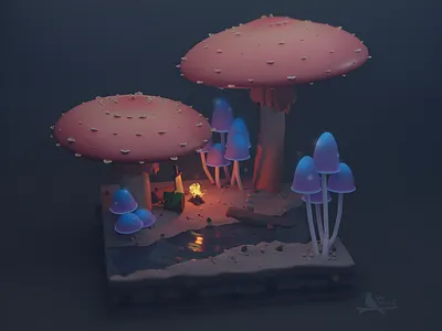 Mushroom Forest 3d 3d art 3d artist blender3d fire forest illustration isometric isometric art isometric illustration low poly lowpoly lowpoly3d lowpolyart mushroom print sword