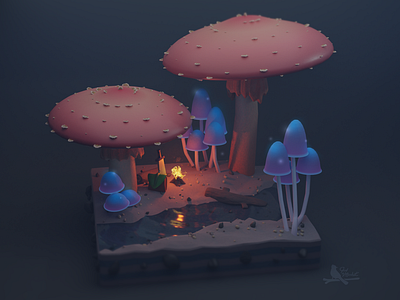 Mushroom Forest 3d 3d art 3d artist blender3d fire forest illustration isometric isometric art isometric illustration low poly lowpoly lowpoly3d lowpolyart mushroom print sword