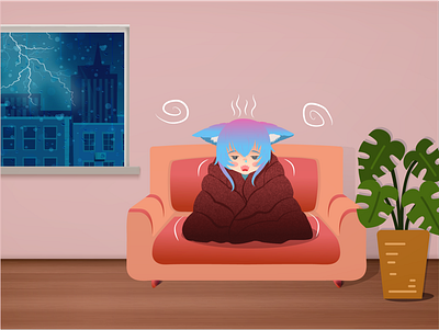 Catgirl having a cold anime animeart cat girl humaniset illustrator livingroom rain sick vectorart