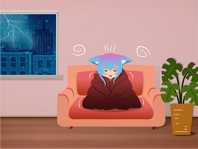 Catgirl having a cold anime animeart cat girl humaniset illustrator livingroom rain sick vectorart