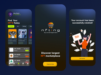 NFT Marketplace App Design bitcoin cryptoart defi ethereum exchange figma futuristic glassmorphism marketing nft token trade ui ux wallet