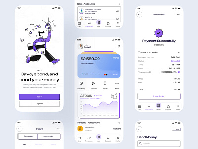 Finance service Mobile App analytics balance card defi e walet figma fintech investment management app marketing minimal ui payment personal finance profit savings transaction ui ux