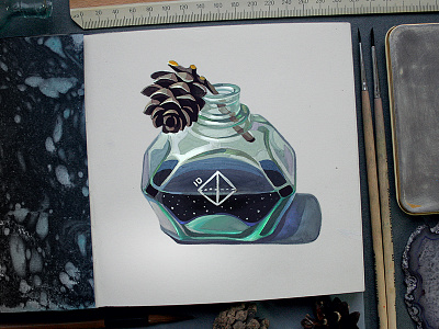 Сaustic caustic flacon gouache painting pinecone vial