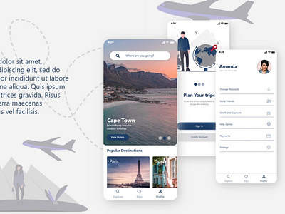 Travel App Design airplane app blue booking design home illustraion mobile ui onboarding profile travel travel app trip uiux ux vacation