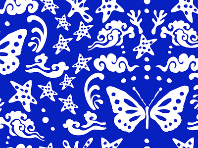 CUSTOM PATTERN /JUSTA PRETRA blue and white butterfly butterfly print design fashion illustration ocean pattern ocean pattern pattern pattern design print design sea sea print starfish surface design textile design