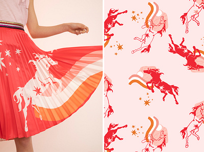 PINK HORSES PATTERN - FNI BRAUN design fashion fashion illustration fashion print horse illustration pattern design pink print print design printed skirt printed skirt skirt stars stripes surface design textile design