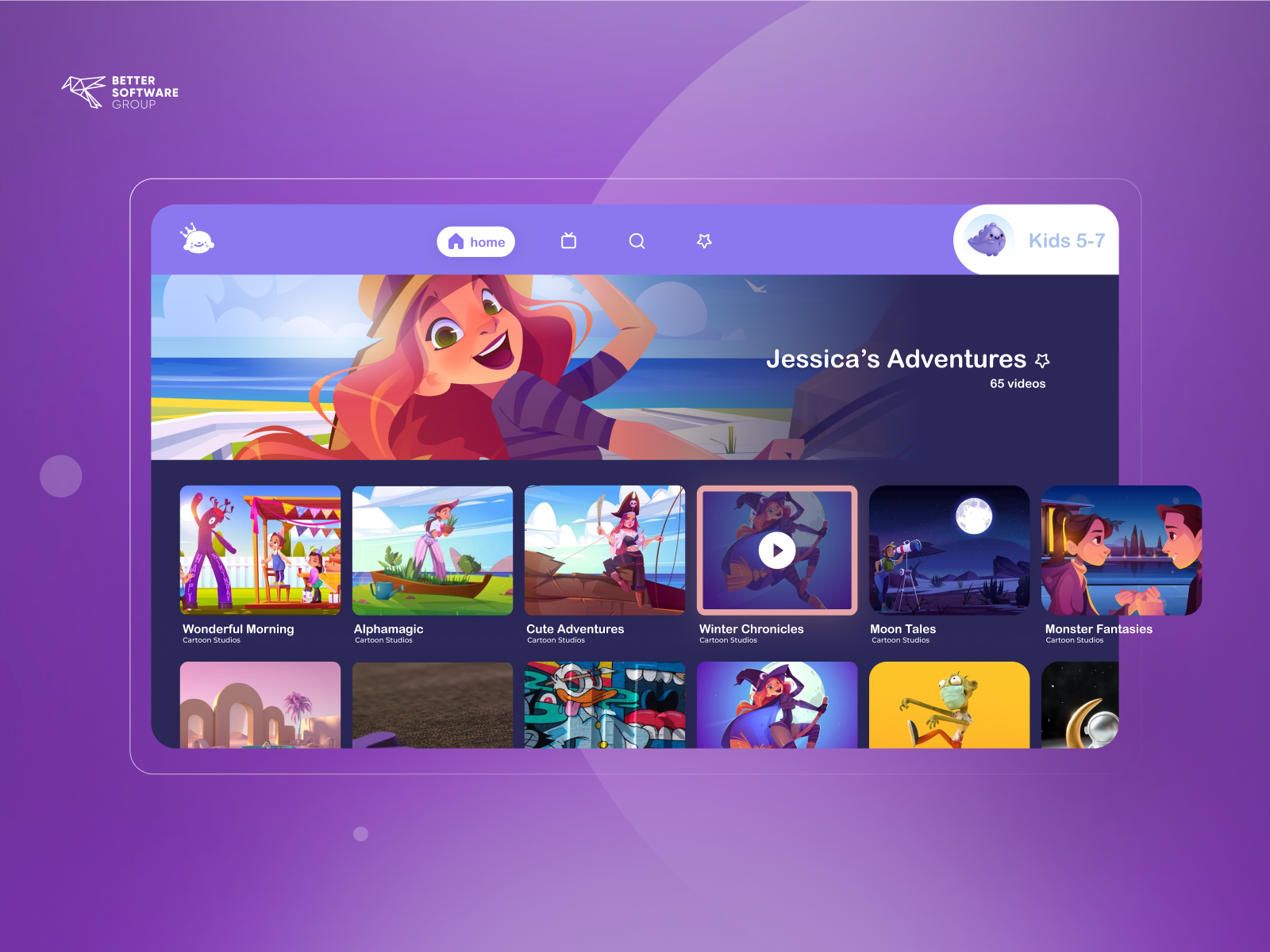 Custom Roku channel Intuitive VOD app for Kids by Better Software Group on Dribbble