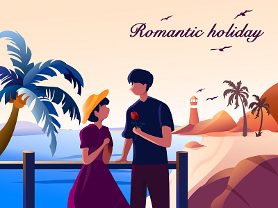 Romantic holiday coconut tree design flat holiday illustration lighthouse lovers romance sandy beach sea 爱