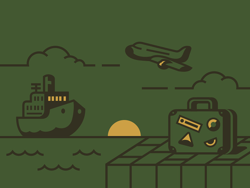 Travel / Pier clouds sun case ocean travel plane sea shio illustration
