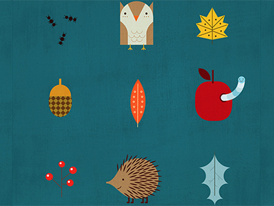 Fabric design apple autumn fabric hedgehog illustration leaves owl pattern