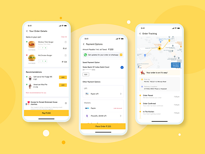 Cart, Payment & Track order Screen - Food Delivery App add to cart app design food app payment method redesign redesign concept track order ui ux