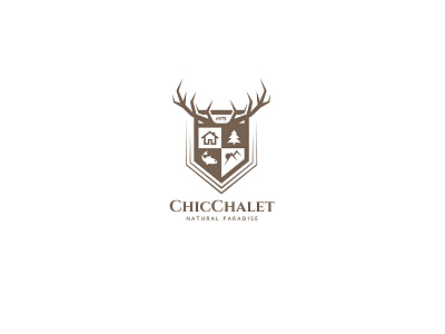 Chic Chalet Logo chalet chic crest deer fishing fishing rod forest hunting landscape location mountain nature outdoor pine shield sport sun tree trekking wood