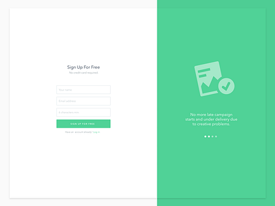 Sign Up and Tour flat full screen green sign up split screen ui web