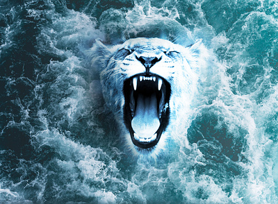 White lion with open jaws, abstract animal concept animation graphic design manipulation