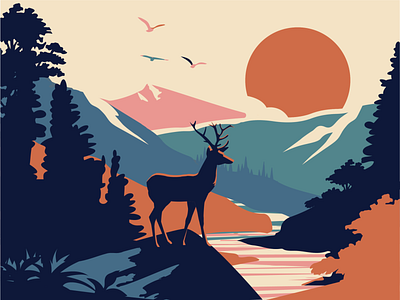 Nature Summer Lanscape adobe illustrator animal deer illustration illustrator landscape nature summer sunset vector