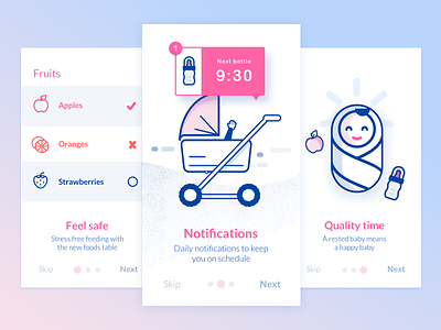 Onboarding Cards android app baby baby food blue illustration mobile pink sketch 3 stroller ui ux