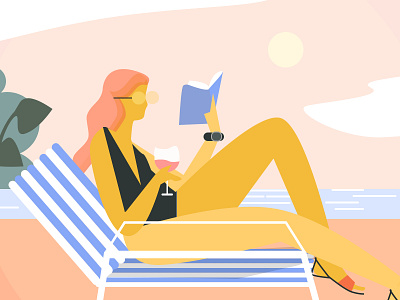 Last days of August beach girl illustration reading relaxing sketch south summer sunglasses tropical vector