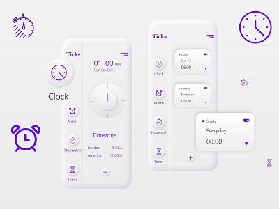 Neumorphism Clock App UI | Ticks alarm appui brand identity branding clock design holographic icon mobileui neumorphism stopwatch time timer uiux