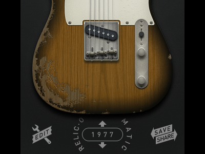 Guitar app — new UI plus custom paint jobs aged buttons custom damaged edit flat guitar illustration interface photoshop save share sunburst ui
