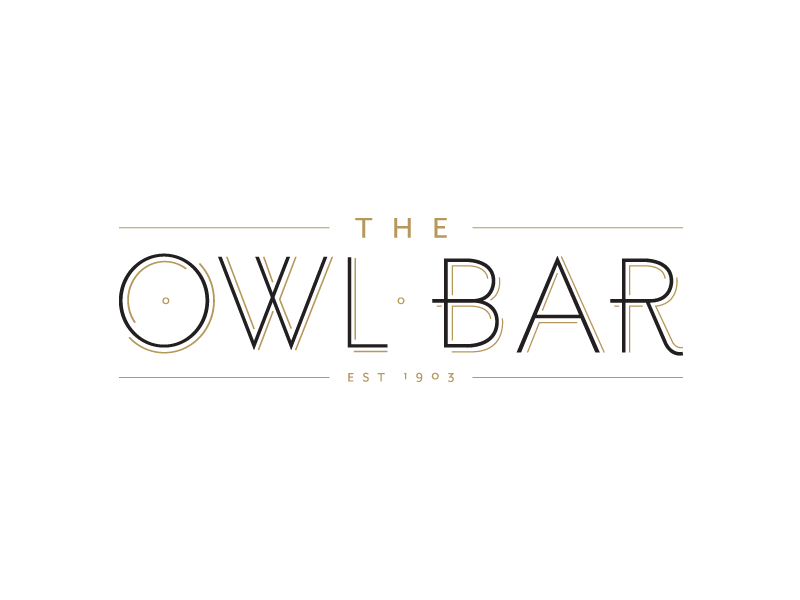 Horizontal Concept for The Owl Bar black and gold cutom type logo owls