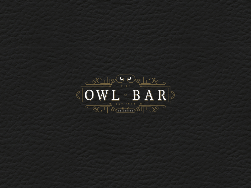 The Owl Bar black and gold illustration logo owls