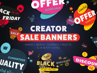 Buy Sale Banners Creator Kit. banner black buy creative discount friday market offer palette sale shape