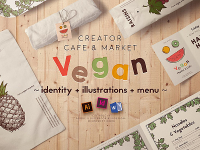 Buy Vegan Cafe & Market Identity With Menu Templates berry creative food fruit identity logo menu mockup restaurant templates vegan vegetable