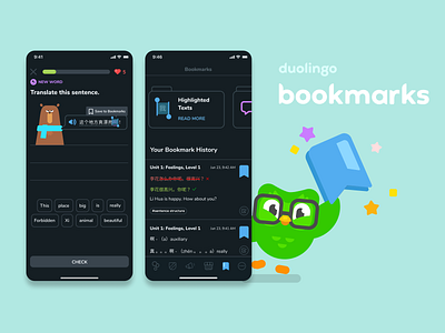 Duolingo Bookmarks Feature Idea dark mode design feature addition feature idea ui ux