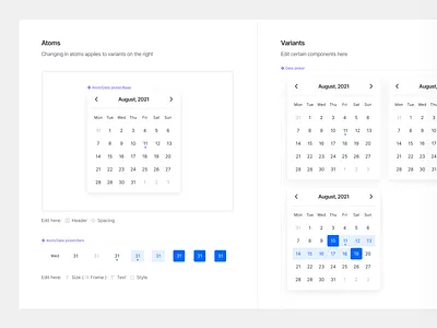 Datepicker atomic calendar components datepicker design system figma module styles typography variants