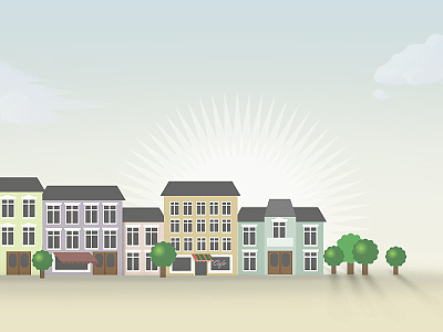 Illustration for website footer cafe city houses shops stores town trees