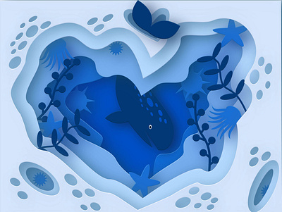 Beautiful marine design isometric illustration papercut vector whale