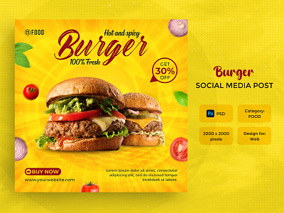 Fast food, Burger social media post or banner template meal