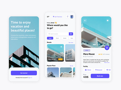 Booking App app booking booking app clean design hotel minimal mobile app rent travel ui ui design uiux ux