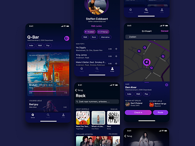 Q-it - Mobile app app appwise x wisemen bars black café community dance dark design ios music neon pink playlist purple ui ux vote
