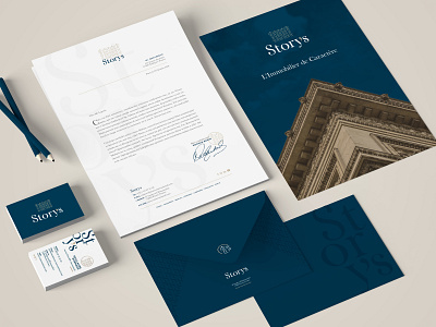 Story's corporate identity art direction blue branding classic classy corporate identity fancy french touch gold graphic design graphiste freelance logo logo design mockup paris print design real estate stationaries