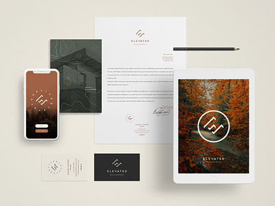 Elevated / Brand identity art direction branding business card corporate identity earthy colors graphic design graphiste freelance high end identity design letterhead logo mockup natural color print design property management stationaries
