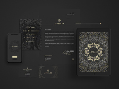 Acreage Coin / Brand identity altcoin art direction black blockchain branding corporate identity cryptocurrency gold graphic design graphiste freelance logo mockup pattern real estate