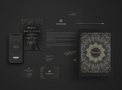 Acreage Coin / Brand identity altcoin art direction black blockchain branding corporate identity cryptocurrency gold graphic design graphiste freelance logo mockup pattern real estate