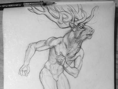 Conceptualizing Actaeon's transformation from man into stag. archery arrow artemis bow diana dog god godess greece greek hound hunting liz masters pointer roman rome