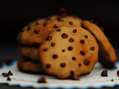 Chocolate Chip Cookies - Close Up 3d bakery c4d cgi chocolate chip cinema4d close up cookies dof food pastry