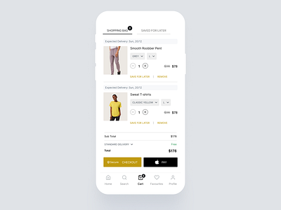 M-Commerce App | Cart Page UX cart checkout ecommerce app mobile app saved for later shopping ui ux