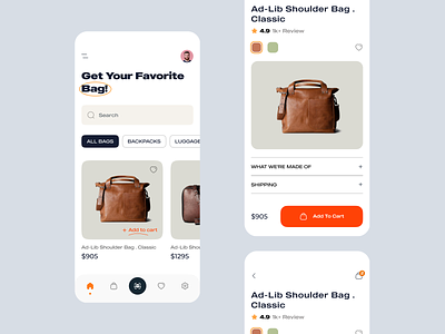 Bag Shop Mobile App 2021 trend clean details ecommerce ecommerce shop graphic design halal lab interface ios app minimal mobile app orange search shopping app simple typogaphy ui ux