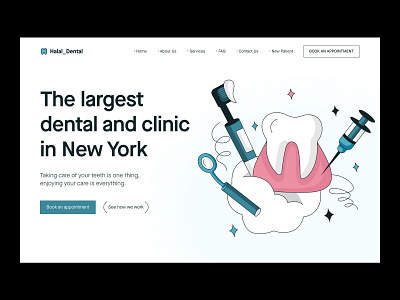 Halal Dental 2022 big header booking clean clinic dental hospital medical illustrations minimal service ui ux web header website