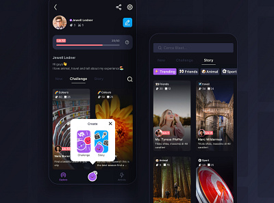 Social concept app branding card challenges dark explore feed filter friends group ios level mobile app mobile app design notomia profile search bar share social story ui