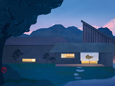 Exterior of the Qoo-Un hotel asia branding hotel illustration japan landscape simple tokyo twilight zen