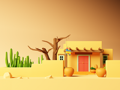 Low Poly Desert House 3d 3d art 3d blender 3d model 3d modeling art blender deserthouse design graphic design illustration lowpoly mexico pinata product design render visualization wallpaper